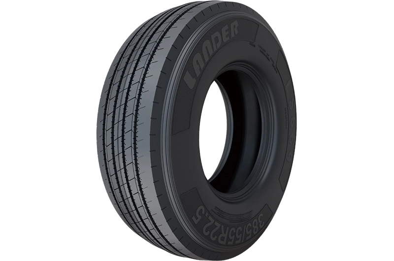 LANDER LS669 commercial truck tire with a ribbed tread pattern, shown in a three-quarter view for 38565R22.5 and 38555R22.5 tire size comparison